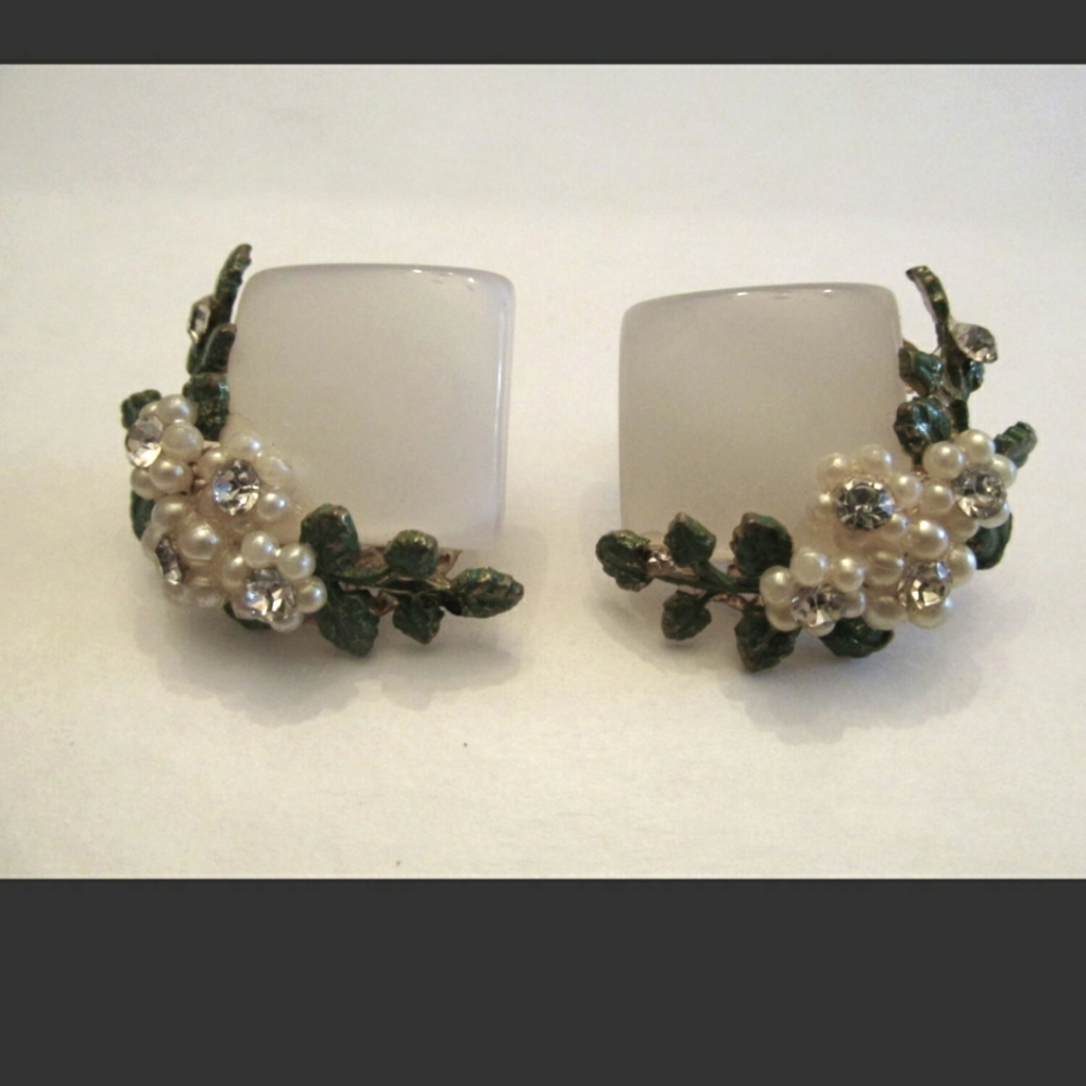 Vintage 1950's Miriam Haskell style rhinestone, enamel & lucite earrings